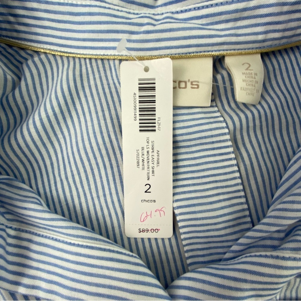 Chico's stripe blue white easy shirt button down long sleeve collared NWT - Picture 10 of 15